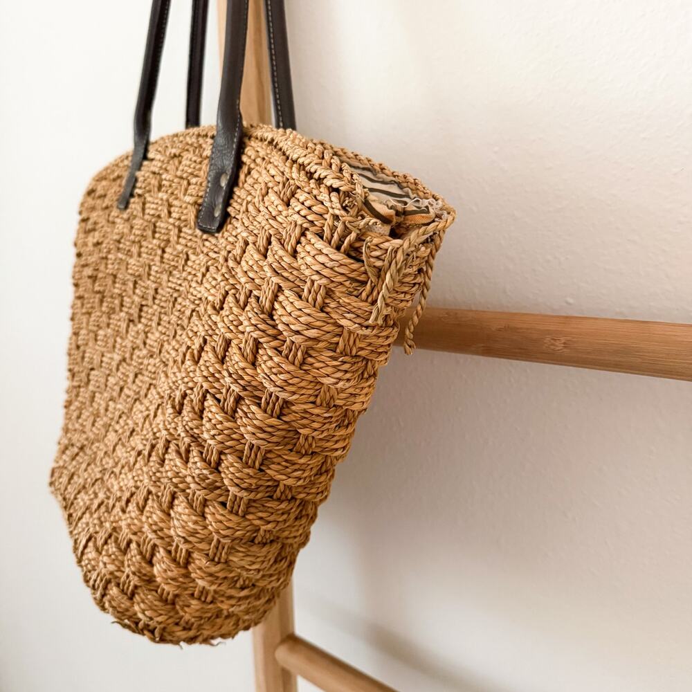 J.Crew Woven Straw Tote Bag Brown Leather Handles Large Beach Market Basket - Picture 2 of 13
